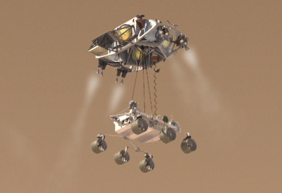 MSL descends to the martian surface on its "skycrane" landing system.