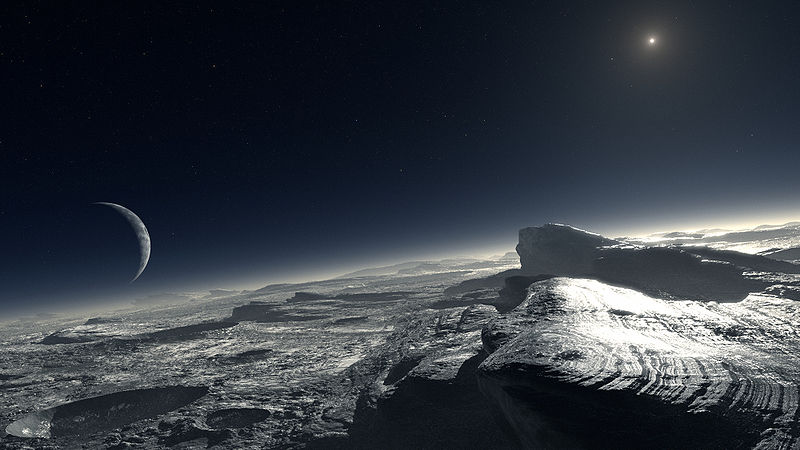 CRIRES model-based computer-generated impression of the Plutonian surface by ESO — L. Calçada, with atmospheric haze, and Charon and the Sun in the sky CRIRES model-based computer-generated impression of the Plutonian surface by ESO — L. Calçada, with atmospheric haze, and Charon and the Sun in the sky