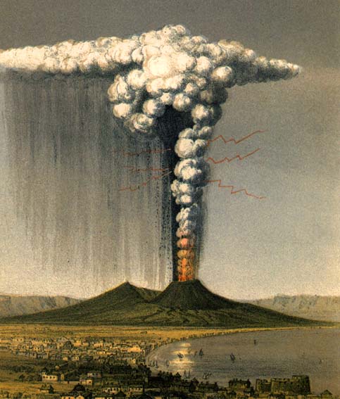 1822 artist rendition of Eruption of Vesuvius, depicting what the AD 79 eruption may have looked like. 1822 artist rendition of Eruption of Vesuvius, depicting what the AD 79 eruption may have looked like.