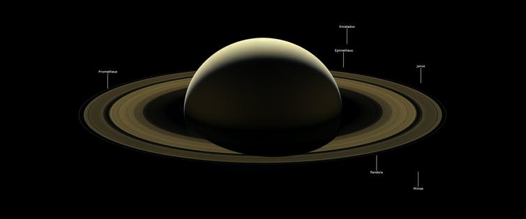 Saturn and several of its moons, backlit, as seen from the Cassini spacecraft in September 2017.